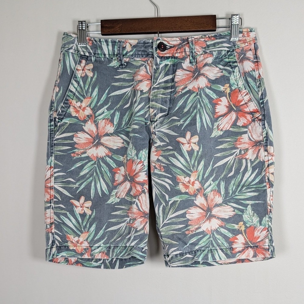 Aeropostale Mens Floral Tropical Hibiscus Chino Shorts Navy Blue Coral Size 29